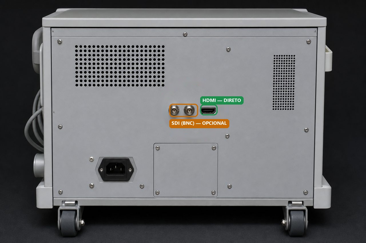 Traseira de unidade de arco cirúrgico com conectores BNC SDI e HDMI destacados