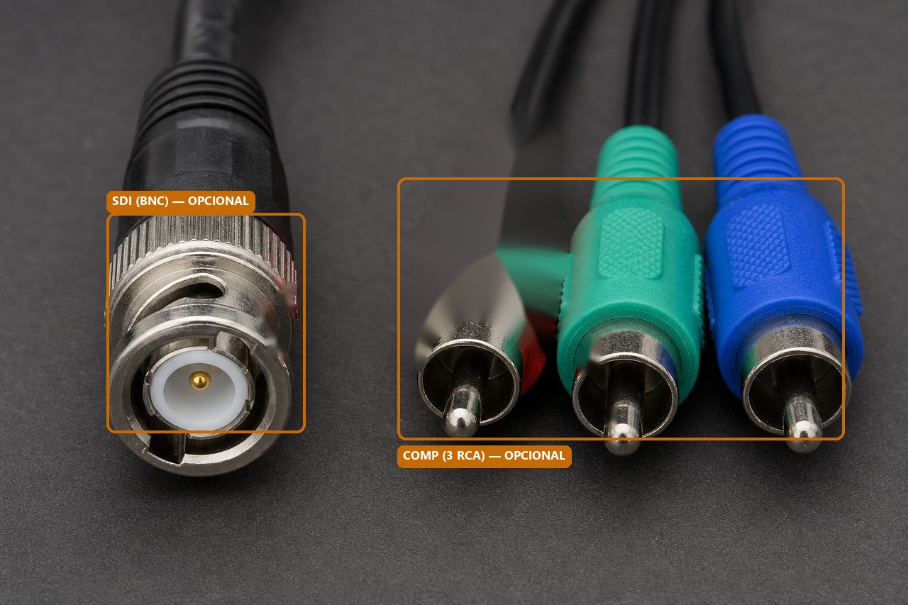 Comparação lado a lado entre o conector BNC do SDI e os três conectores RCA do vídeo componente