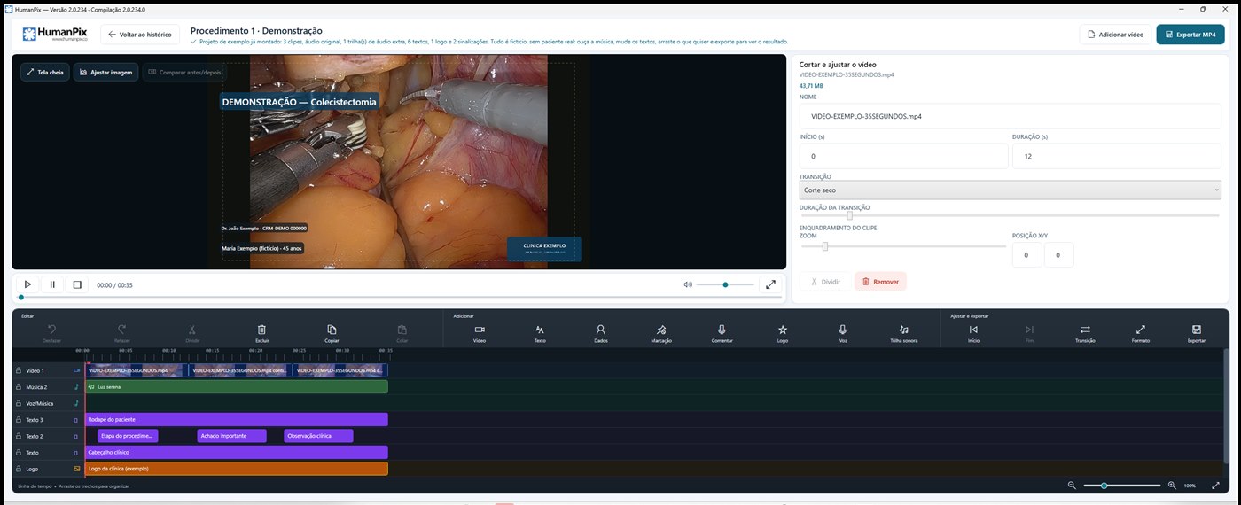 Tela do editor HumanPix com o projeto de exemplo montado: prévia do vídeo, painel de corte e linha do tempo com trilhas de vídeo, música, textos, logo e marcações